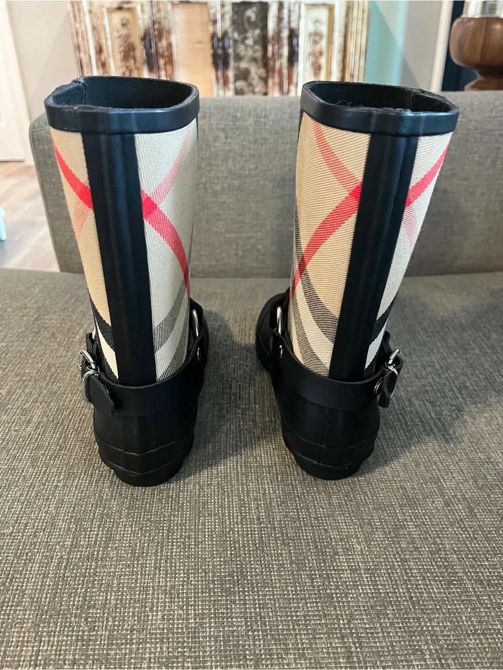 Burberry Plaid Rubber Rain Boots, Size 37